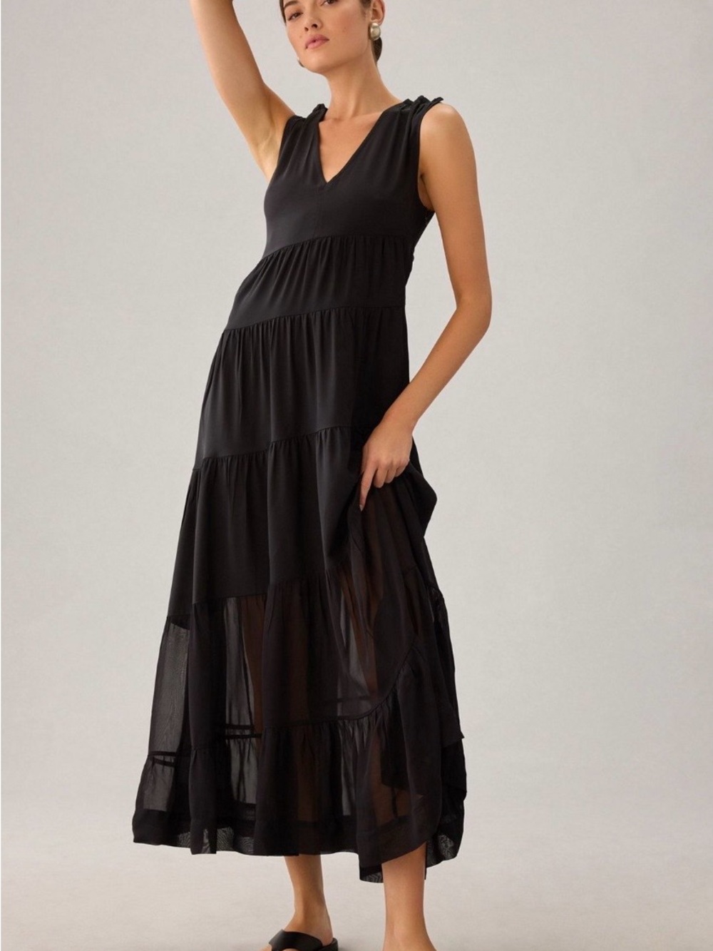 Anthropologie Black Silk Sleeveless Tiered Midi Dress Size 10